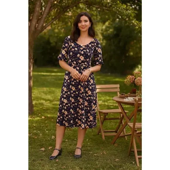 knee length dresses for ladies Elizabeth Midi Dress in Rust and Floral – Avenue Shops main image 1
